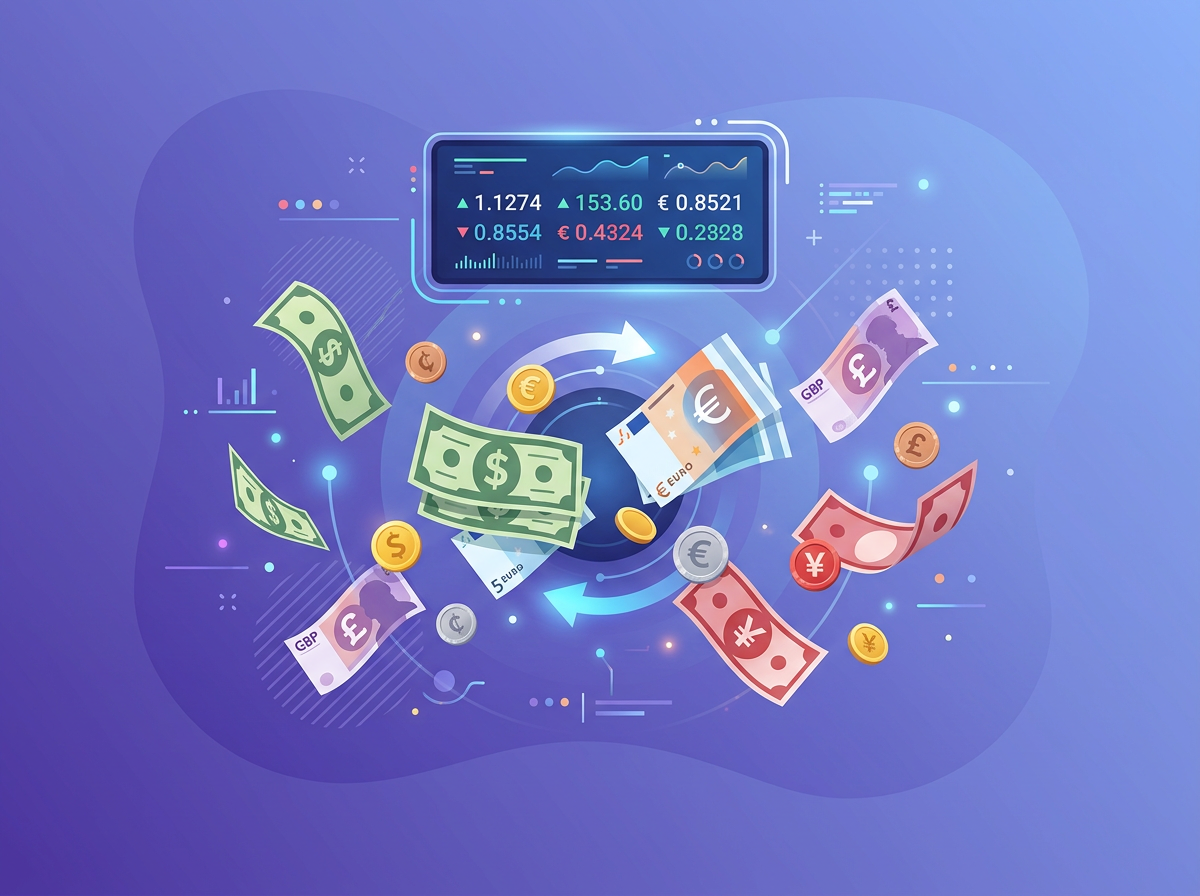 Multi-currency conversion illustration showing various world currencies being exchanged